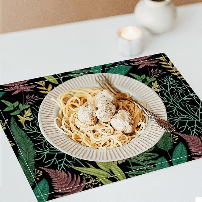 Leaf Placemats Set of 4, 17x12 Inch Vintage Natural Botanical Herbal Green Leaves Table Mats for Home Party Kitchen Dining Decor