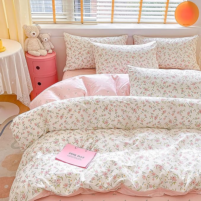EAVD Vintage Style Garden Pink Floral Duvet Cover Queen White Soft 100% Cotton Small Cute Floral Bedding Set with 2 Pillowcases Chic Shabby Floral Botanical Duvet Cover with Zipper Closure