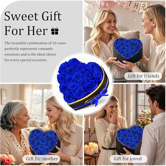 16 Preserved Roses in Heart Shape Gift Box for Her - Forever Flowers for Delivery, Eternal Rose Mothers Gifts for Mom, Wife Anniversary Birthday Gifts for Women, Blue