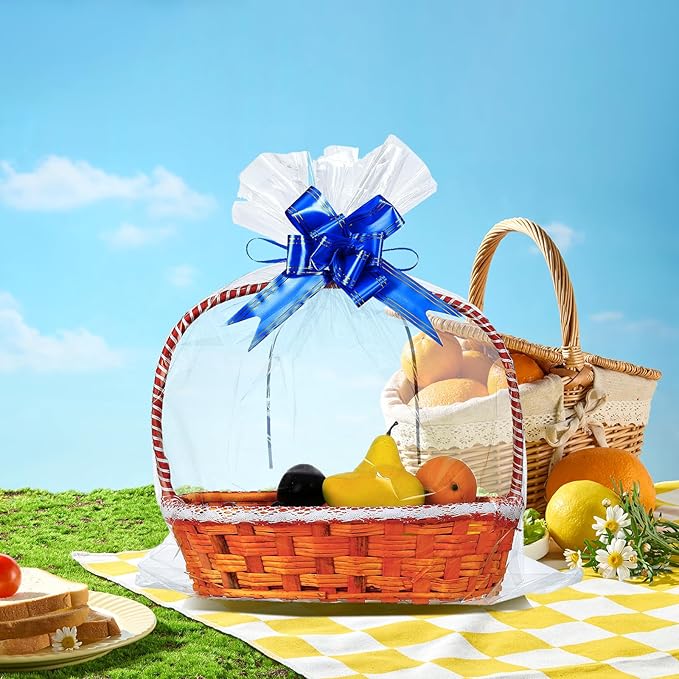 UltraOutlet 100 Packs Large Cellophane Bags 18" x 24" Clear Cellophane Gift Basket Wraps 2.3 Mil Thick Clear Cello Bags for Fruit Basket, Gift Wrap, Treats, Arts and Crafts, 100ct Blue Ribbon Bows