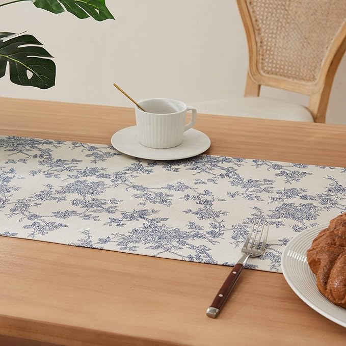100% Cotton French Pastoral Table Runners, 13x108 Inch Blue Farmhouse Table Runners 108 Inches Long, Vintage Flowers Print Home Decors