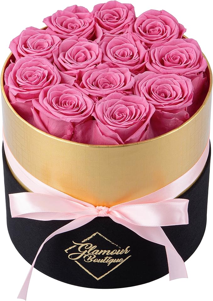 GLAMOUR BOUTIQUE Eternal Preserved Roses in a Box - Flowers Forever, Rose Forever in a Box for Wife, Birthday Gifts for Her, 12 Roses, Pink