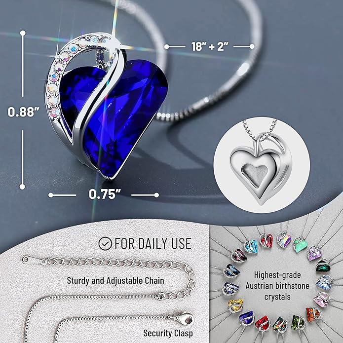 Leafael Necklaces for Women, Infinity Love Birthstone Heart Crystal Pendant, Birthday Jewelry Gifts for Her, Mom, and Wife, Silver Plated, 18 plus 2 inch Adjustable Chain