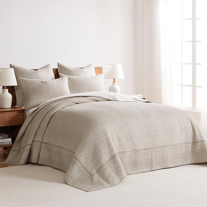 Levtex Home Cross Stitch Reversible Full Bedspread Set (100x104in) with 2 Pillow Shams (26x20in) - Stitch Texture - Taupe - 100% Cotton Full Size Bedspread Set - Lightweight, Soft, Pre-Washed