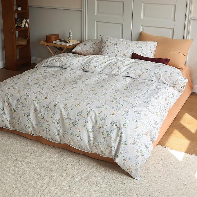 EAVD Vintage Style Garden Floral Duvet Cover Queen Soft Cotton Chic Shabby Floral Bedding Set with 2 Pillowcases Reversible Botanical Comforter Cover with Zipper Closure