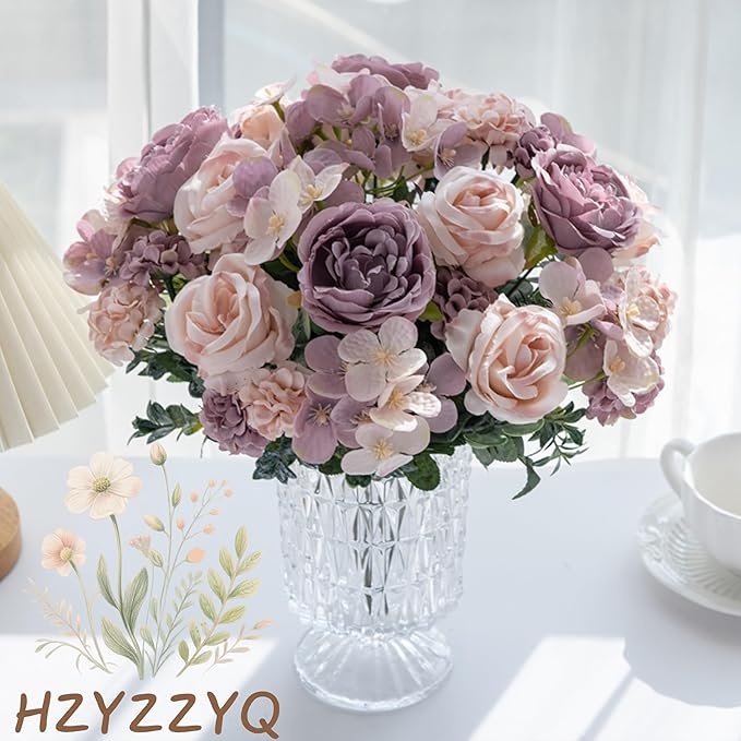 8 Pack Artificial Peony Flowers, Silk Peonies Flowers Fake Peonies Artificial Flowers Peonies Hydrangea Bouquet for Centerpiece Table Wedding Party Home Decor (8, Purple + Pink)