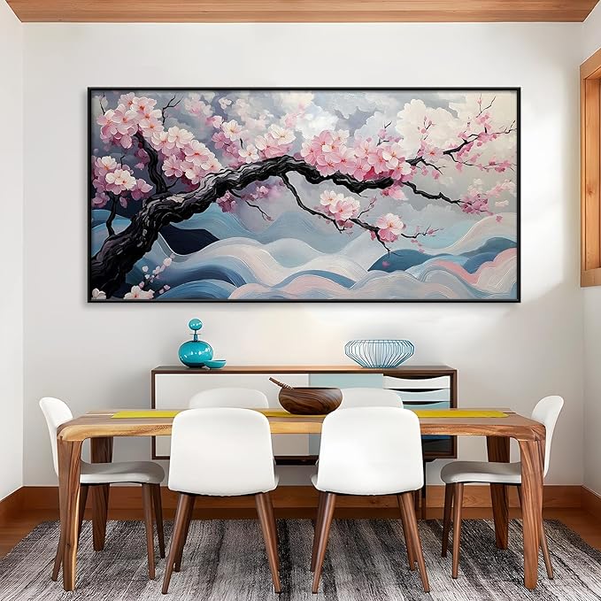 Japanese Cherry Blossom Canvas Wall Art, Sakura Tree Canvas Print, Pink Floral Pictures, Cherry Blossom Tree Wall Art, Flower Branch Decor, Nature Prints for Living Room (Black Framed, 47"x23" | 120x60cm)