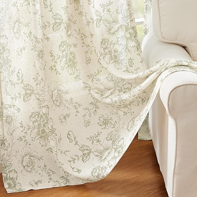 jinachan Linen Blend Floral Curtains for Living Room 63 Inch Length Christmas Sage Green Printed Curtain Rod Pocket Back Tab Farmhouse Peony Flower Patterned Drapes Bedroom Curtains Set 2 Panels