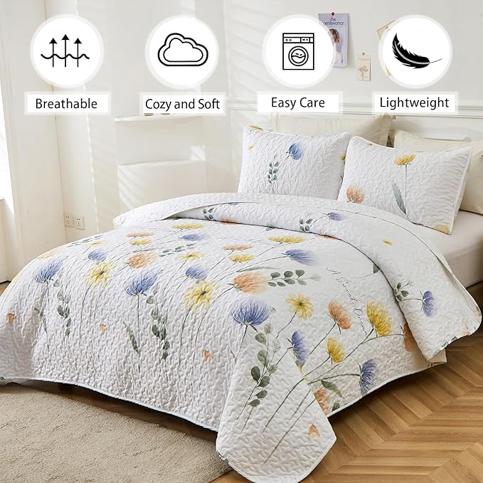 Dinjoy Yellow Blue Quilt Set Full Size, Floral Bedspread Set 3 Pieces Reversible Quilted Fall Bedding Set Microfiber Lightweight Bedspreads Coverlet Farmhouse Bed Cover Sets for Women Girls