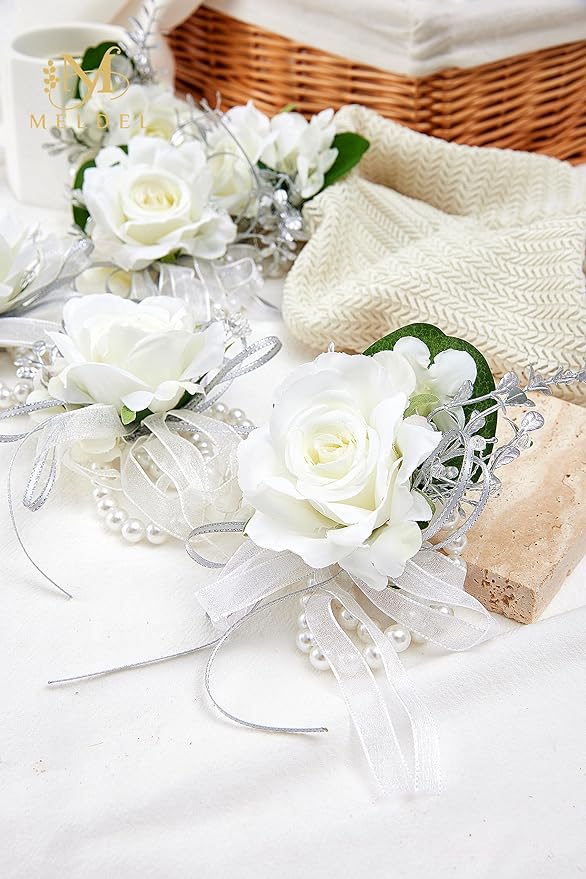 Meldel Prom Wrist Corsage for Bride Bridesmaids Wedding, Set of 6, Artificial White Rose Wrist Corsages for Prom Women Girls Engagement Mother Bridal Shower Party Homecoming Graduation Anniversary