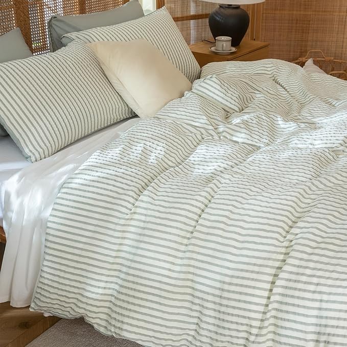Striped Duvet Cover Queen Washed Microfiber Jacquard 3 Pieces Bedding Set, White Grayish Green Vertical Ticking Stripes Pattern Comforter Cover with Zipper Closure Breathable Durable Soft Comfy