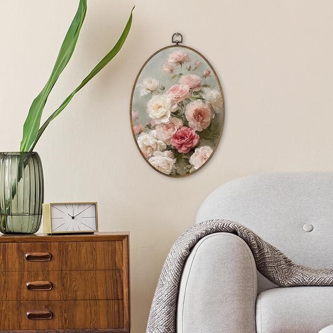 SHQIEUDH Vintage Pink Rose Floral Oval Wall Art 8.6x11.4, Cottagecore Flower Framed Canvas Prints Artwork, Retro Rustic Flowers Botanical Oval Wall Hanging Decor for Living Room Home Bedroom Kitchen