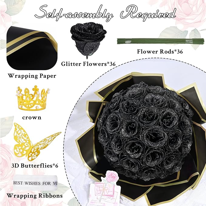 Waipfaru 36 Pcs Glitter Roses Bouquet, DIY Fake Flowers Bouquet, Artificial Black Rose Bouquet for Valentines, Mothers Day Gifts, Anniversary, Engagement, Wedding