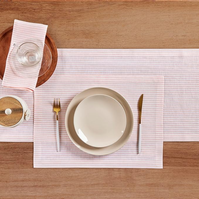 Solino Home Linen Table Runner 120 Inches Long - Narrow Stripe, 100% Pure Linen Peach and White Table Runner 14 x 120 Inch for Dining, Valentines, Spring, Easter