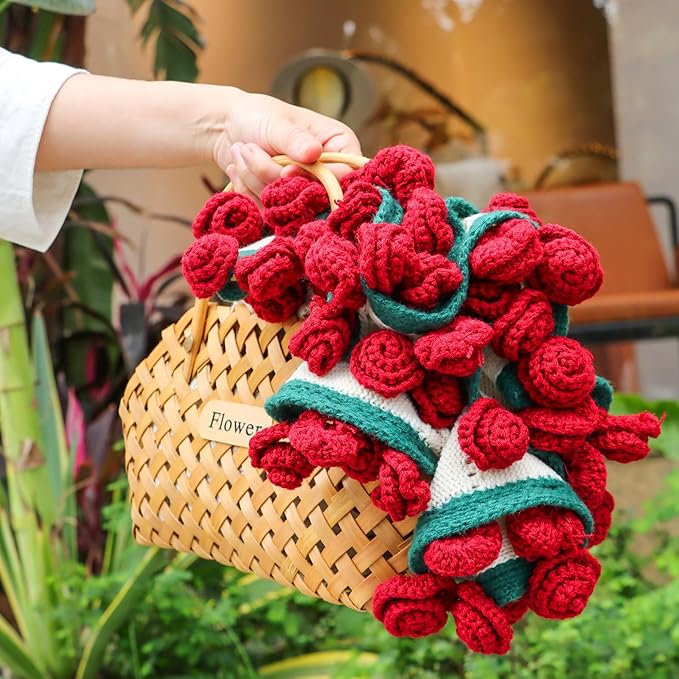 cagulax Rose Crochet Flowers Bouquet Blanket-Birthday Gifts for Mom Sister-Gifts for Couples-Anniversary Wedding Birthday-Romantic Rose Flower Bouquet-Knitted Throw Blankets Home Decor 43 Inches