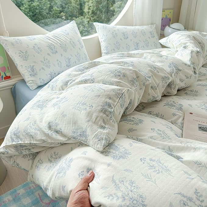 LifeTB Muslin Duvet Cover Set Twin Vintage Botanical Floral Duvet Cover 100% Cotton Linen Feel Flower Bedding Set Super Soft Gauze Comforter Cover Breathable Lightweight Cottagecore Bedding Set