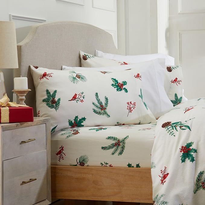 Market & Place 100% Cotton Full Flannel Sheet Set | 4 Piece Deep Pocket Novelty Cozy Winter Bed Sheets | Double Brushed for Extra Softness & Comfort | Alpine Collection (Full, Cardinal & Pine)