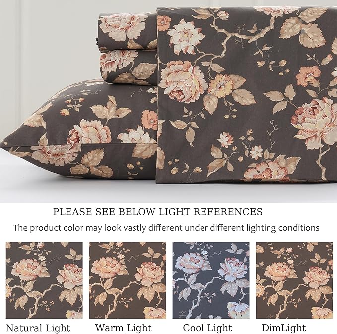 Zusbest Dark Brown Floral Bed Sheets Set - King Size Percale Cotton Shabby Rustic Peony Flower Print Bed Sheets - Soft Breathable Mocha Classic Vintage Bedding 4 Pcs Deep Pocket Flower Bed Sheets