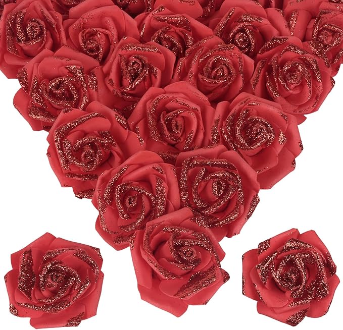 100pcs Red Glitter Roses 2.56" Artificial Red Roses Foam Glitter Flowers Fake Red Roses Faux Flowers for Bridal Shower Centerpieces DIY Wedding Flower Floral Arrangements (Red)