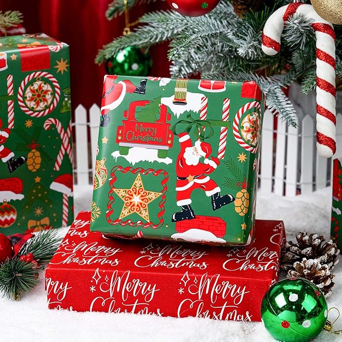 MAYPLUSS Christmas Nutcracker Wrapping Paper Roll - 17 Inch X 33 Feet - Metallic Gift Wrapping Paper Christmas Tree Holly Santa Claus Candy Cane Reversible Snowflakes for Holiday Party New Year Kids