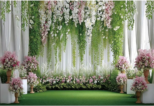 Baocicco Flowers Wedding Backdrops 20x10ft Green White Pink Floral Engagement Background Bridal Shower Backdrop Proposal Wedding Party Decoration Backdrop Valentines Day Banner Supplies