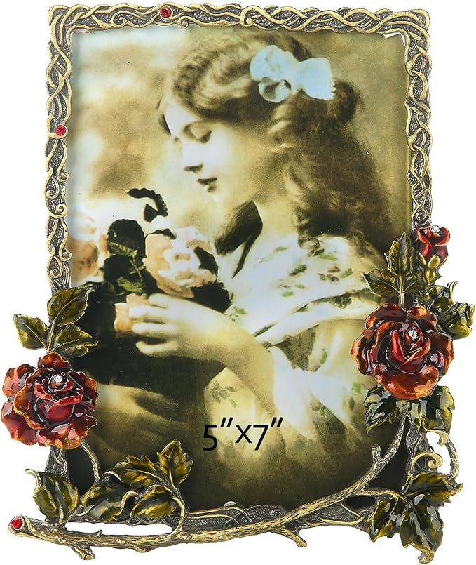 5x7 Picture Frame Vintage Decor Ornate Red Rose Flower Antique Photo Frame with Glass Front Metal Brass Art Table Top Decor for Valentines Wedding Anniversary Birthday Mothers Day Gifts