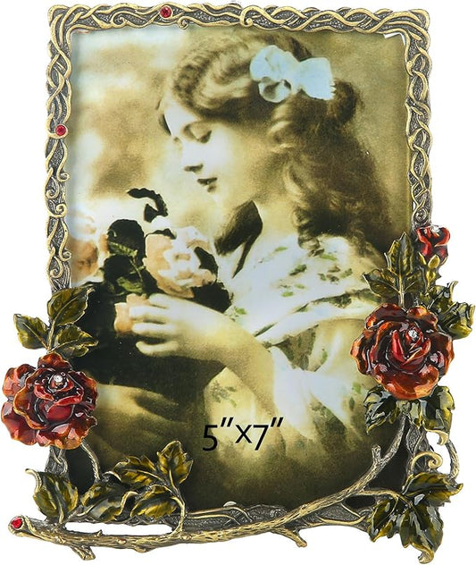 5x7 Picture Frame Vintage Decor Ornate Red Rose Flower Antique Photo Frame with Glass Front Metal Brass Art Table Top Decor for Valentines Wedding Anniversary Birthday Mothers Day Gifts