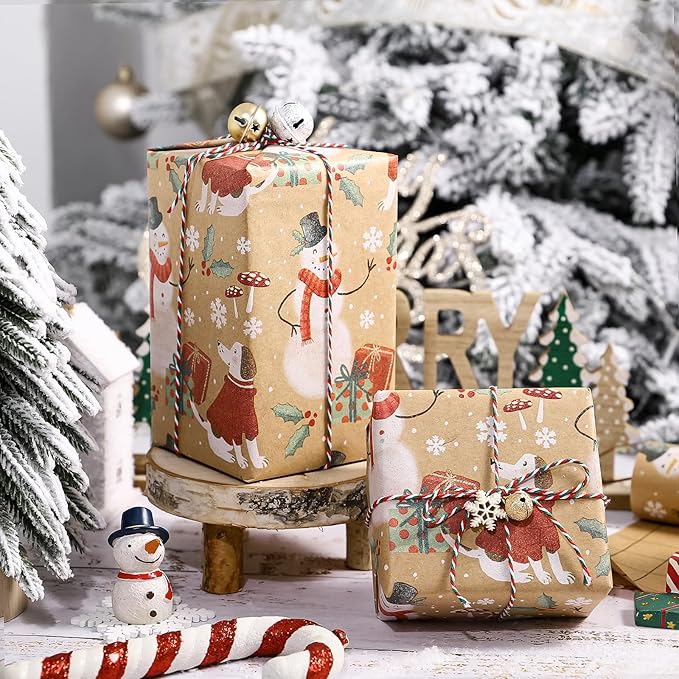 WRAPAHOLIC Kraft Christmas Wrapping Paper - Mini Roll - 17 Inch x 33 Feet - Snowman and Christmas Dog Wrapping Paper for Holiday, Party Celebration