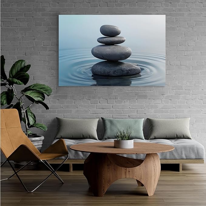 Zen wall art Harmonious grey stones stacked on a calm surface of water Serene Zen decor suitable for tranquil homes and spaces of meditation 16x24in Wood Framed