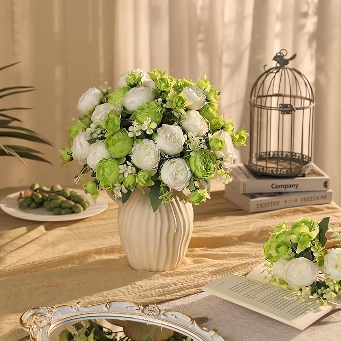 Floweroyal 4 Bunches Peony Artificial Flowers Green Flowers Silk Peonies Bouquets for Wedding Party Table Centerpieces Floral Arrangement Home Kitchen Decor