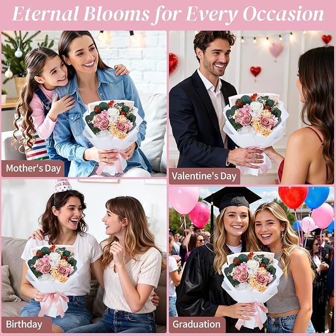 Lewondr Flower for Delivery, Preserved Flowers Bouquet, Pink Roses Bouquet, Real Long-Lasting Forever Birthday Flowers Gifts for Mom Women Wife Grandma Her Mothers Day Anniversary, Dusty Rose