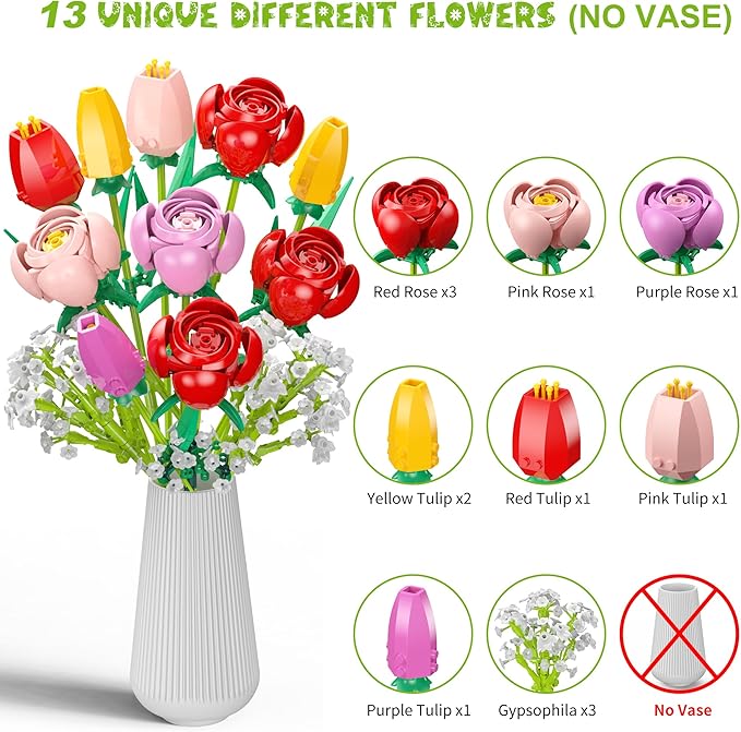 Flower Bouquet Building Set, 680PCS Tulip & Rose Block Kit for Adults & Kids Ages 6+, DIY Floras for Home Office Decor, Birthday, Valentine's Day & Mother's Day