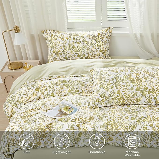 SAPHREAS Yellow Botanical Leaves Duvet Cover Set Queen Size 3pcs 100% Cotton Soft Leaf Bedding Comforter Cover Set 1 Duvet Cover 2 Pillow Shams, Comforter Not Included