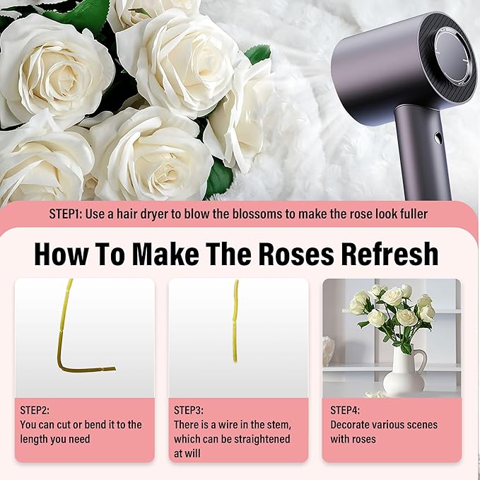 50PCS Artificial Roses with Long Stems - Realistic Silk Flowers, Fake Roses Real Touch Bouquet of Roses for Home Decor, Bridal Wedding Party Table Centerpieces, Bulk Faux Rose Flowers (White)
