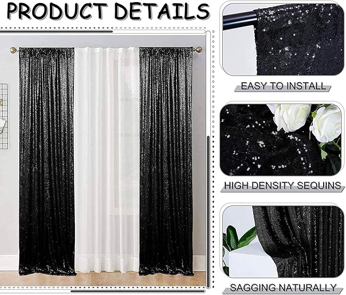 Black Sequin Curtains 10FTx10FT 1 Panel Black Sequin Backdrop for Parties Glitter Backdrop Photo Background for Wedding Baby Shower