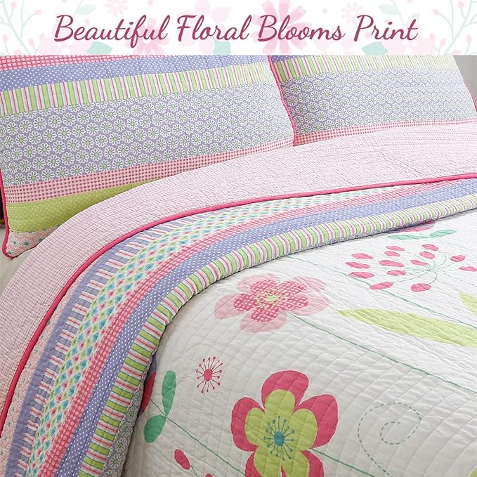 Cozy Line Home Fashions Pink Lavender Green Floral Print Girl 100% Cotton Reversible Quilt Bedding Set, Coverlet, Bedspread (Blossom, Twin - 4 Piece)
