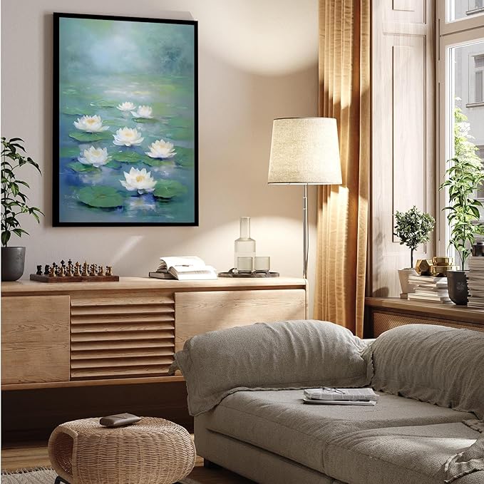 Zen wall art Delicate white lotus flower floating on calm water Vintage oil painting print Serene aquatic wall art creates a tranquil home decor 24x36in Metal blackFramed