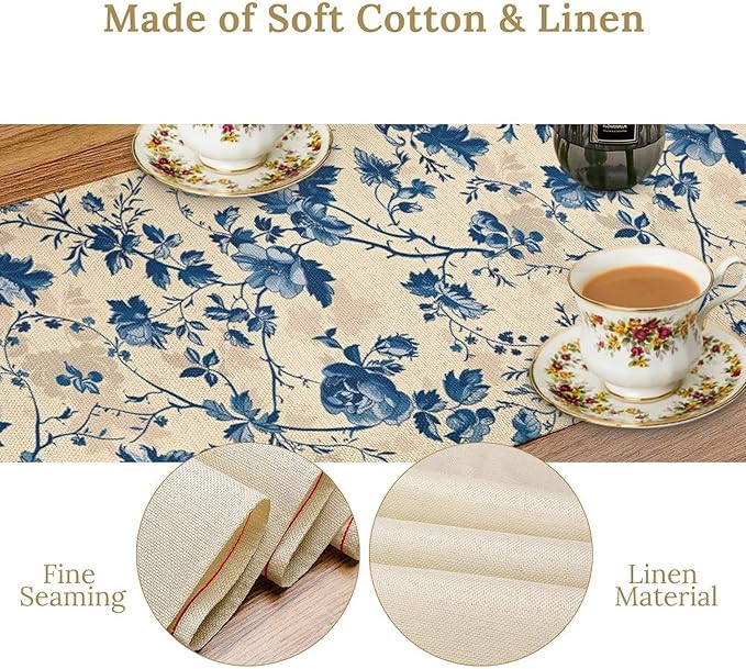 Vintage Floral Table Runner, Retro Blue Flowers Farmhouse Design Table Runner for Kitchen Dining Holiday Party Decor, 13x60 Inch