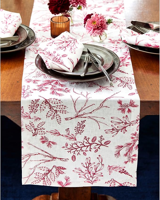 Solino Home 100% Pure Linen Christmas Table Runner 72 Inches Long - Red/White Table Runner 14 x 72 Inch - Handcrafted and Machine Washable - Winter Forest Print