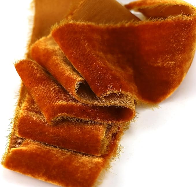 MAYREEL Terracotta Velvet Ribbon 2 Inch Hand Torn Burnt Orange Silk Frayed Edge Ribbon for Thanksgiving Bridal Bouquets Invitations Wedding Vow Books Gift Baskets 3 Yards
