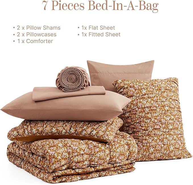 Full Size Comforter Sets-7 Pieces Puff Brown Floral Bedding Set for All Seasons, Shabby Chic Farmhouse Bed in a Bag Full with Floral Comforter, Sheets, Pillowcases & Shams