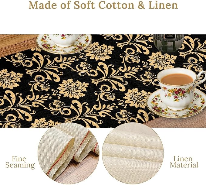 Gold Damask Table Runner,Gothic Antique Victorian Floral Boho Table Runner for Home Kitchen Table Dining Garden Farmhouse Wedding Party Decor 13x90 Inch