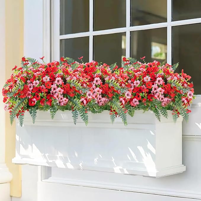 Artificial Faux Plants Flowers Outdoor Decoration,16 Bundles Fake Silk Colorful Daisy Eucalyptus Realistic UV Resistant for Outside Home Planter Porch Patio Yard Decor (red Pink)