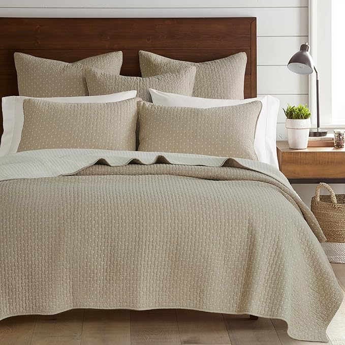 Levtex Home Cross Stitch Reversible Full/Queen Quilt Set (88x92in) with 2 Pillow Shams (26x20in) - Stitch Texture - Taupe - Cotton Full/Queen Size Quilt Bedding Set - Lightweight, Soft, Pre-Washed