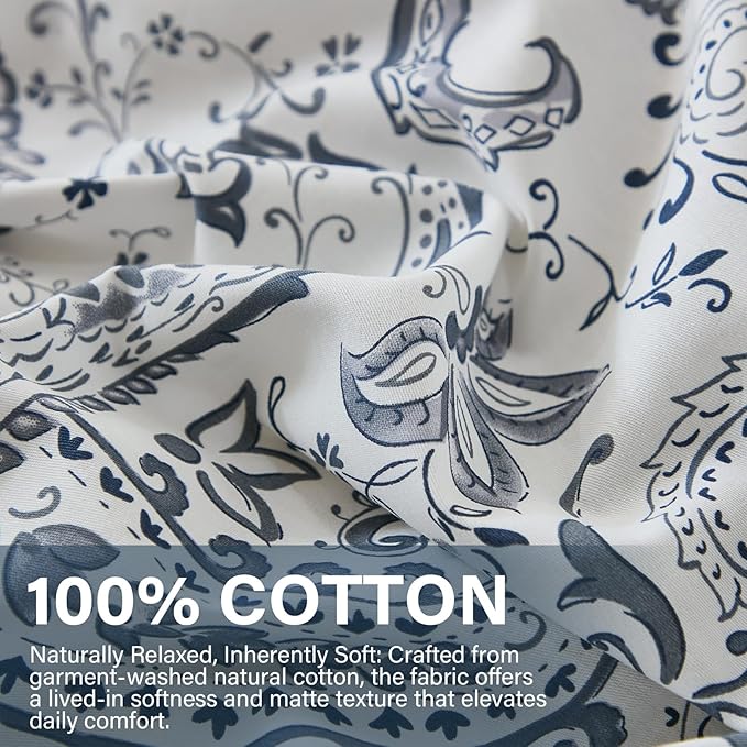 100% Cotton Duvet Cover Sets King Size, 3 Pieces Reversible Soft Bedding Sets,Blue Floral Paisley Comforter Cover, Breathable, Lightweight, All Season