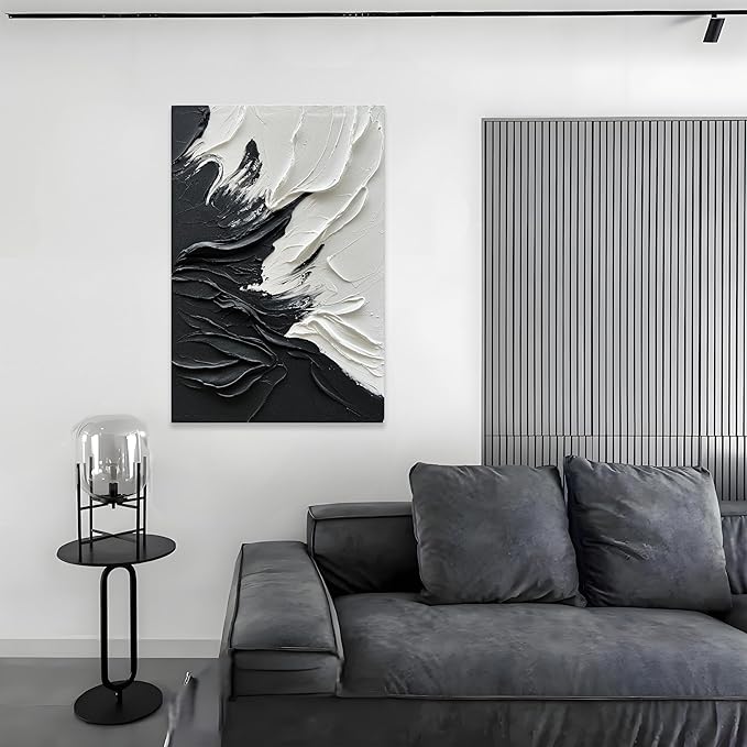 Epicler art Hand painted black and white abstract wall decoration oil Thick texture Minimalist art 36x24 inches