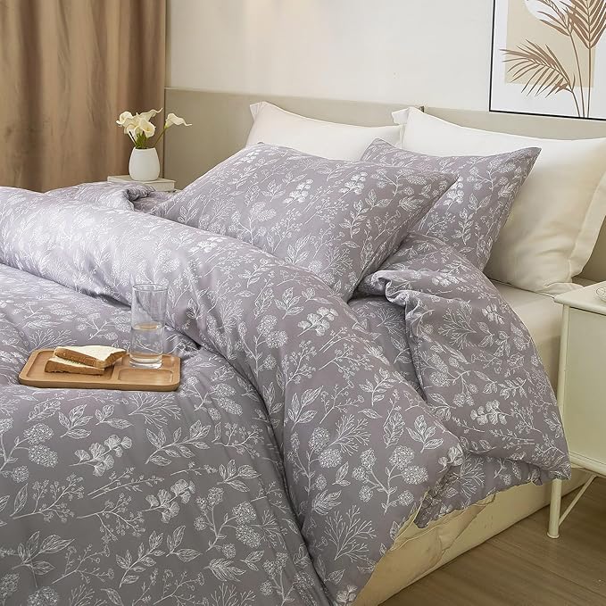 EAVD Garden Grey Floral Duvet Cover Full Soft Cotton Chic Shabby Cute Floral Bedding Set with 2 Pillowcases Fresh Reversible Vintage Botanical Duvet Cover with Zipper Closure