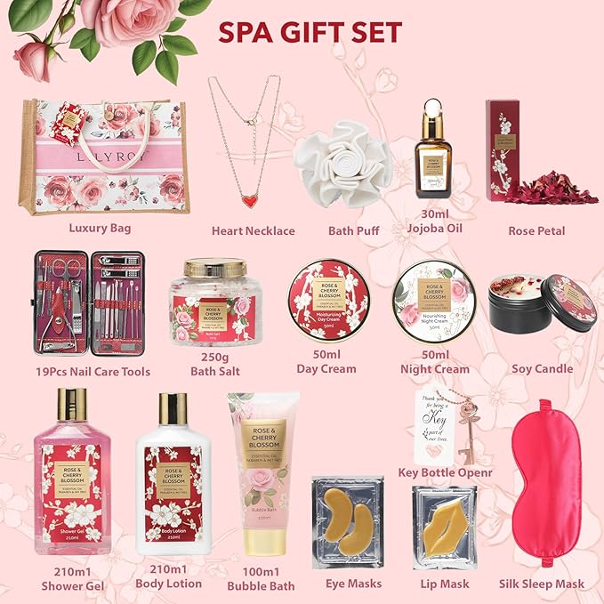 35 Pcs Bath and Body Gifts Basket Set - Rose Spa Gifts Set Skin Care Set for Women, Gift Baskets Set for Mothers Day Mom for Christmas, Birthday, Valentines Day All Occasion Present