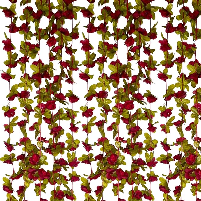 8Pcs 63Ft Burgundy Rose Garland, Fake Rose Hanging Flowers, Artificial Flower Vine, Hanging Floral Vine Garland for Wedding, Birthday Party, Wall Arch, Halloween, Christmas Garden Backdrop Decor