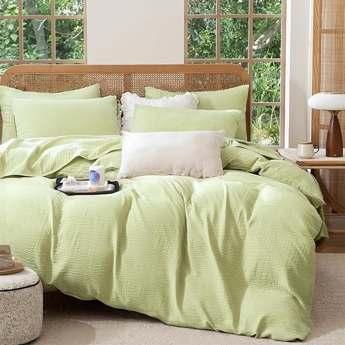 Queen Size Duvet Cover Desert Sage, Luxury Soft Microfiber Double-Layer Crinkle Gauze Sage Duvet Cover, 3 Pieces Bedding for All-Season, Breathable with Zipper Closure